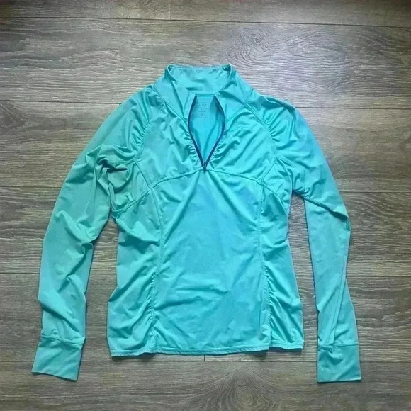 Athleta Quarter Zip Blue Top with Ruching and Back Zipper Pocket Size M - Picture 1 of 7